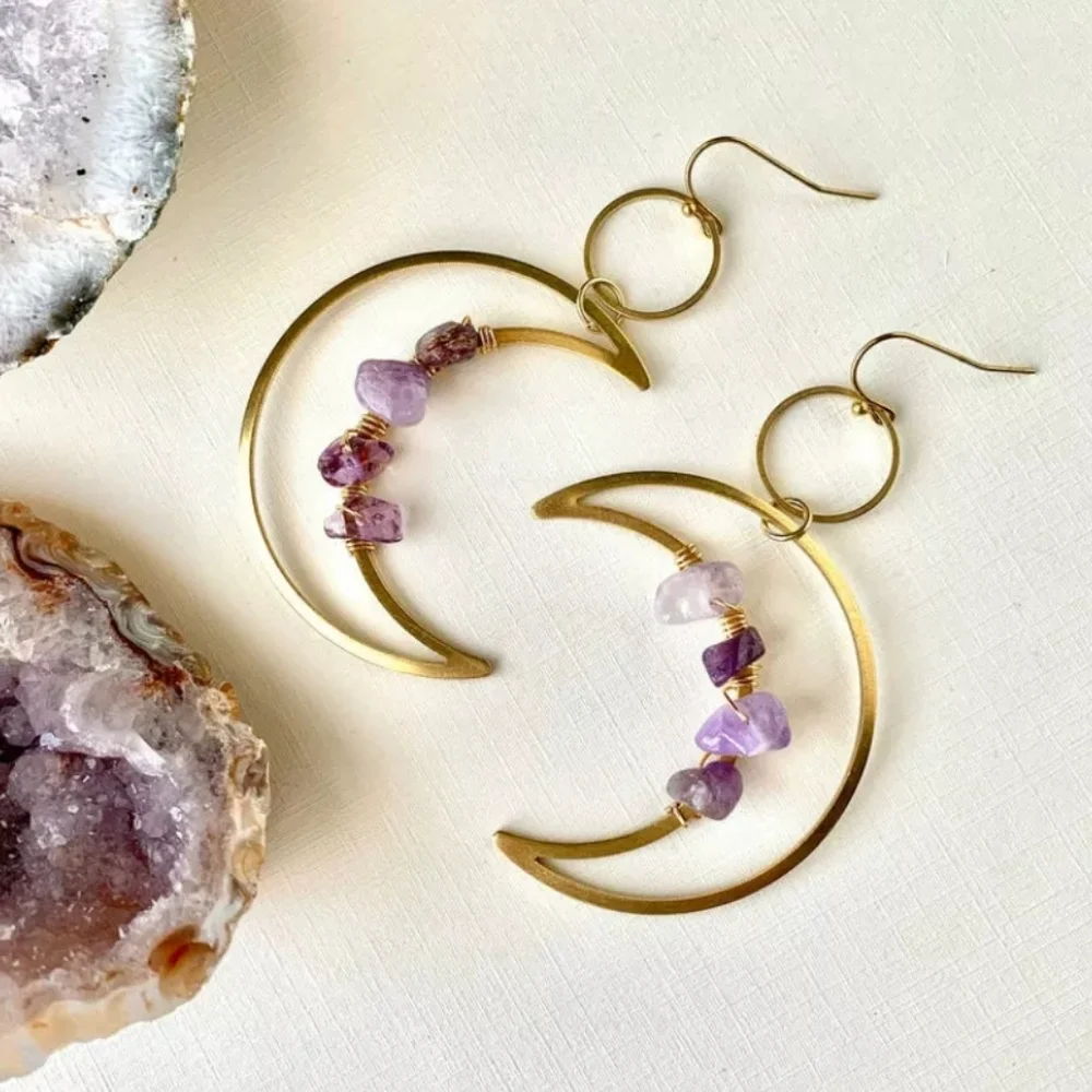 Genuine Amythest Crescent Moon Earrings - Picture 1 of 3